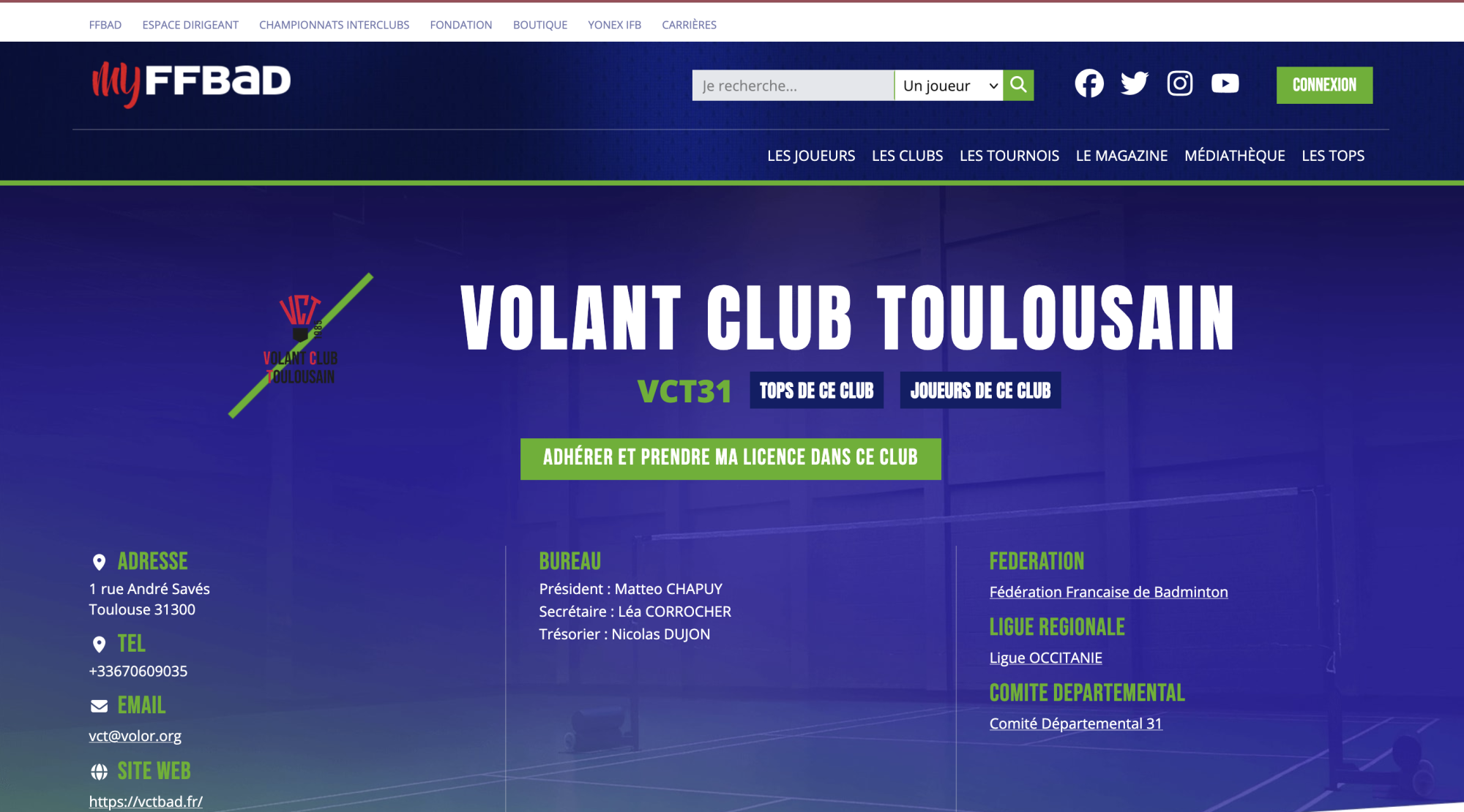 Page MyFFBaD du Volant Club Toulousain avec le bouton vert « Adhérer et prendre ma licence dans ce club ».