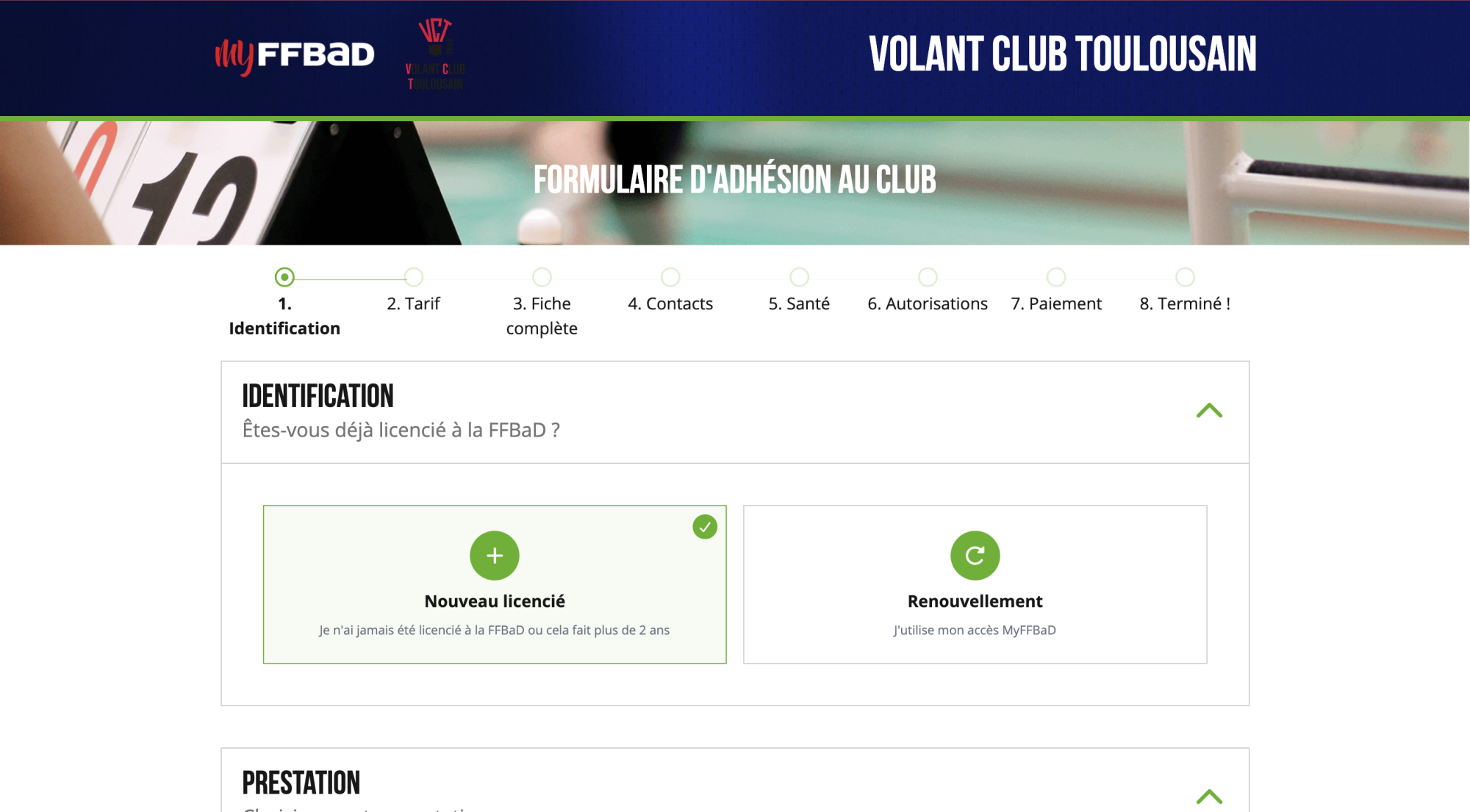 Formulaire d'adhésion au club MyFFBaD : étape 1 Identification, avec le choix entre « Nouveau licencié » et « Renouvellement ».