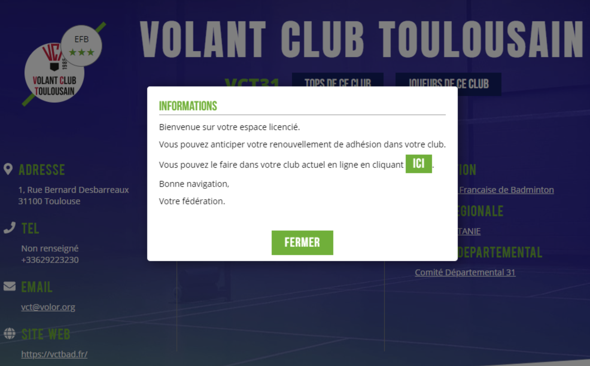 Popup « Informations » de l'espace licencié MyFFBad, avec le bouton ICI pour anticiper le renouvellement d'adhésion.